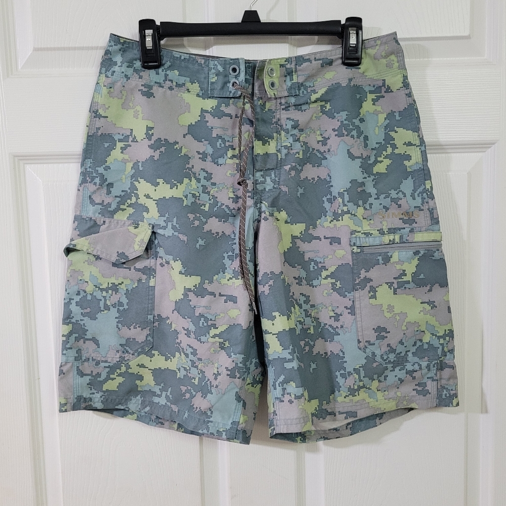 Men S Simms Board Shorts Digital Camo Laceup Fishing Cargo Pockets 10" inseam